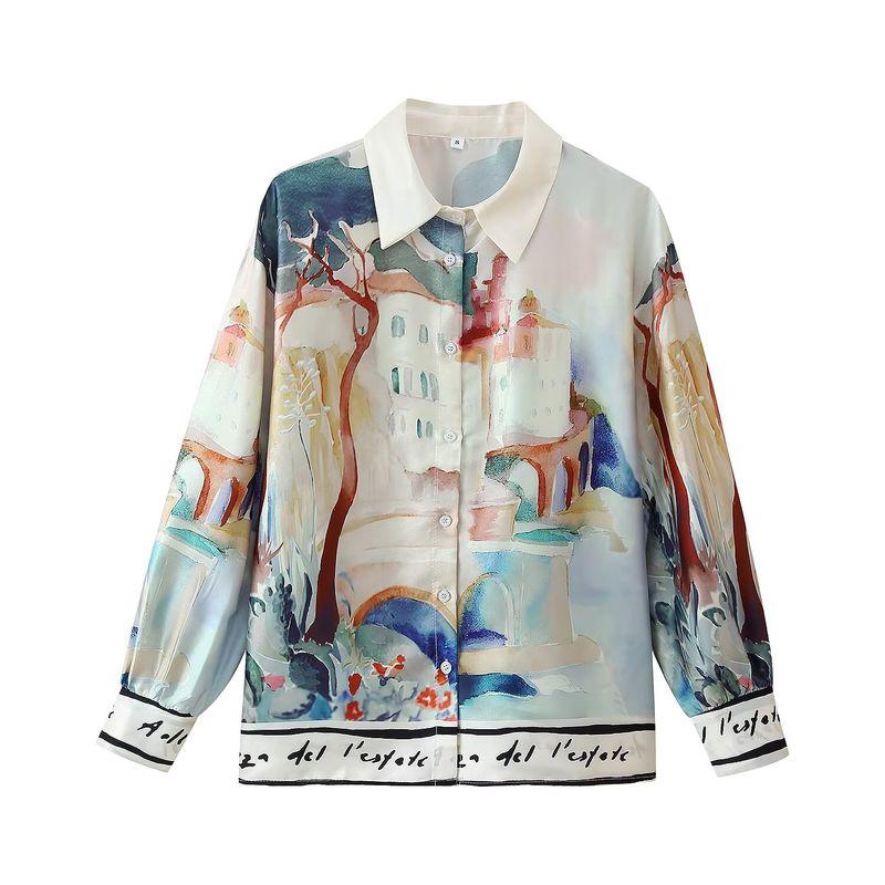 Kaslead New Women clothes Western Style Positioning Print Lapel Long sleeve Shirts Casual Trousers