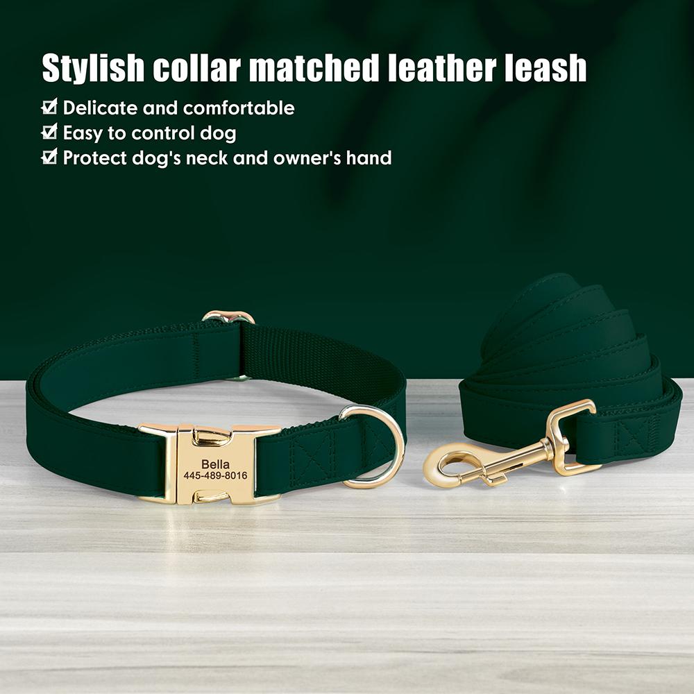 Custom Dog Collar Leash Set PU Leather Dog Collars Engraved Pet ID Necklace With Lead Rope Durable for Small Medium Large Dogs