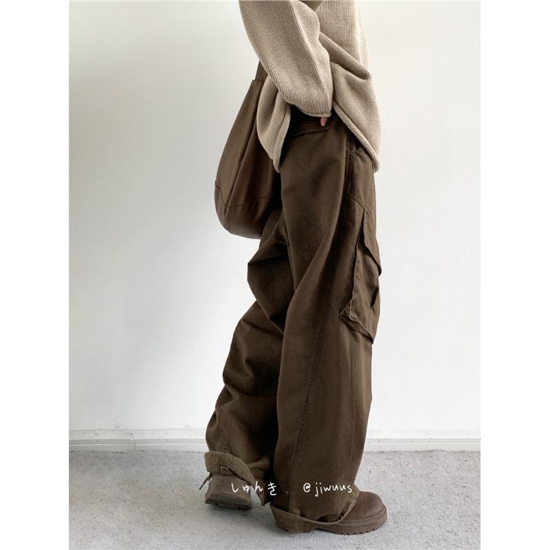 Lente en Herfst retro grote zak casual broeken heren en dames trendy merk losse casual Maillard koffiekleurige utility broeken trend