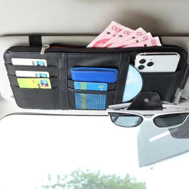 Car Sun Visor Organizer Multi-Pocket Pouch Car Sun Visor Organizer Zipper Type Card Holder Storage Auto Interior Accessories