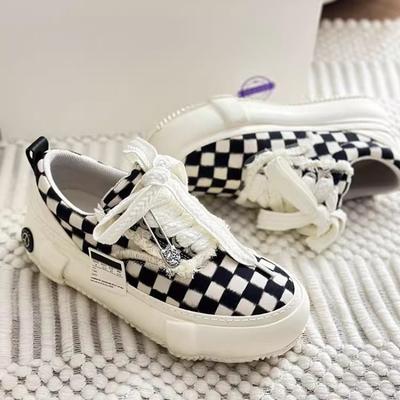 Mode 2025 Neue Schwarz Weiße Schachbrett Canvas Schuhe Plateau Dicke Sohle Lift Einlegesohlen Sportlich Lässig Liebhaber Paar Unisex Sneaker