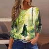 Women's Casual Three-Quarter Sleeve Halloween Print Neck Top for Festive Wear