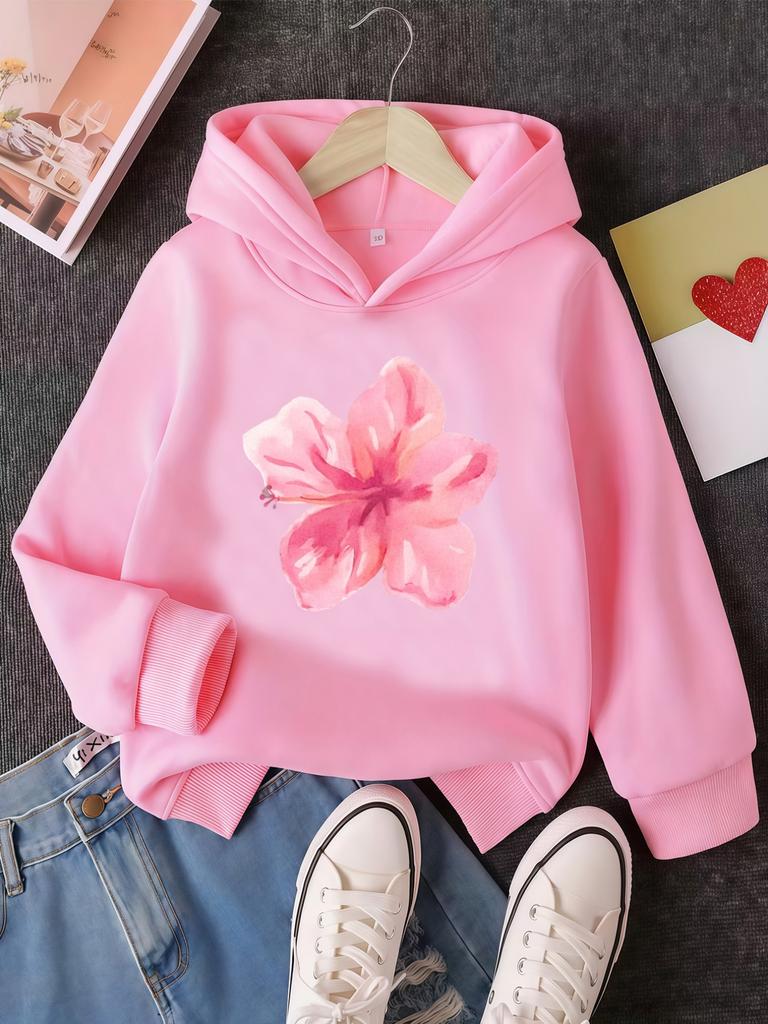 Elegant Watercolor Pink Flower Graphic Kids Hoodie, Thickened Comfort Hooded Top, Loose Fit Sweatshirt For Outdoor Games And Casual Daily Outings