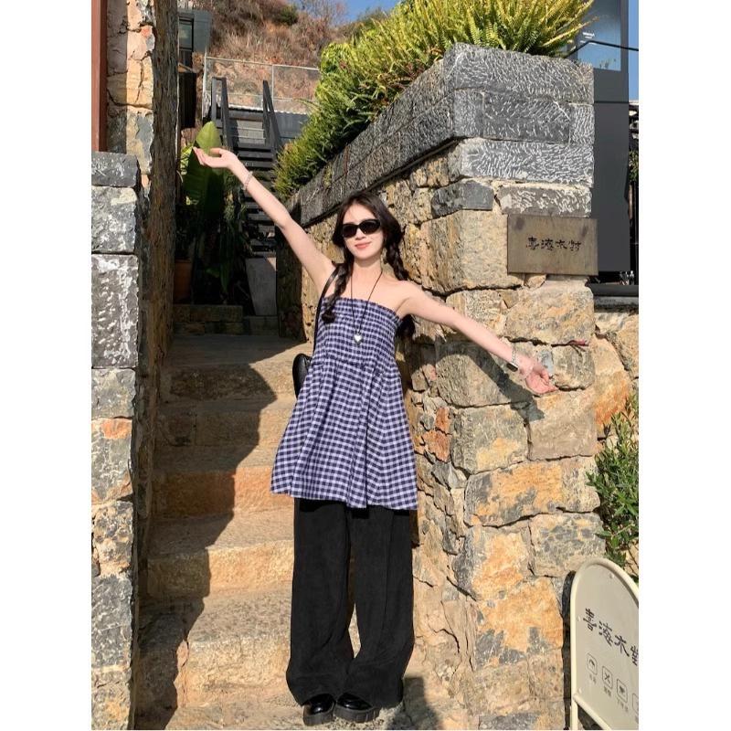 

Нишевый комплект миди-юбки в синюю клетку и платья-топа без бретелей для женщин - Французский А-силуэт, летний стиль XL синий