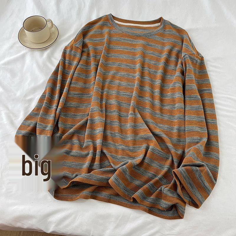European Women's Oversized Gray-Orange Striped Long-Sleeve T-Shirt, Autumn 2025 Collection – Soft, Comfortable, and Versatile.