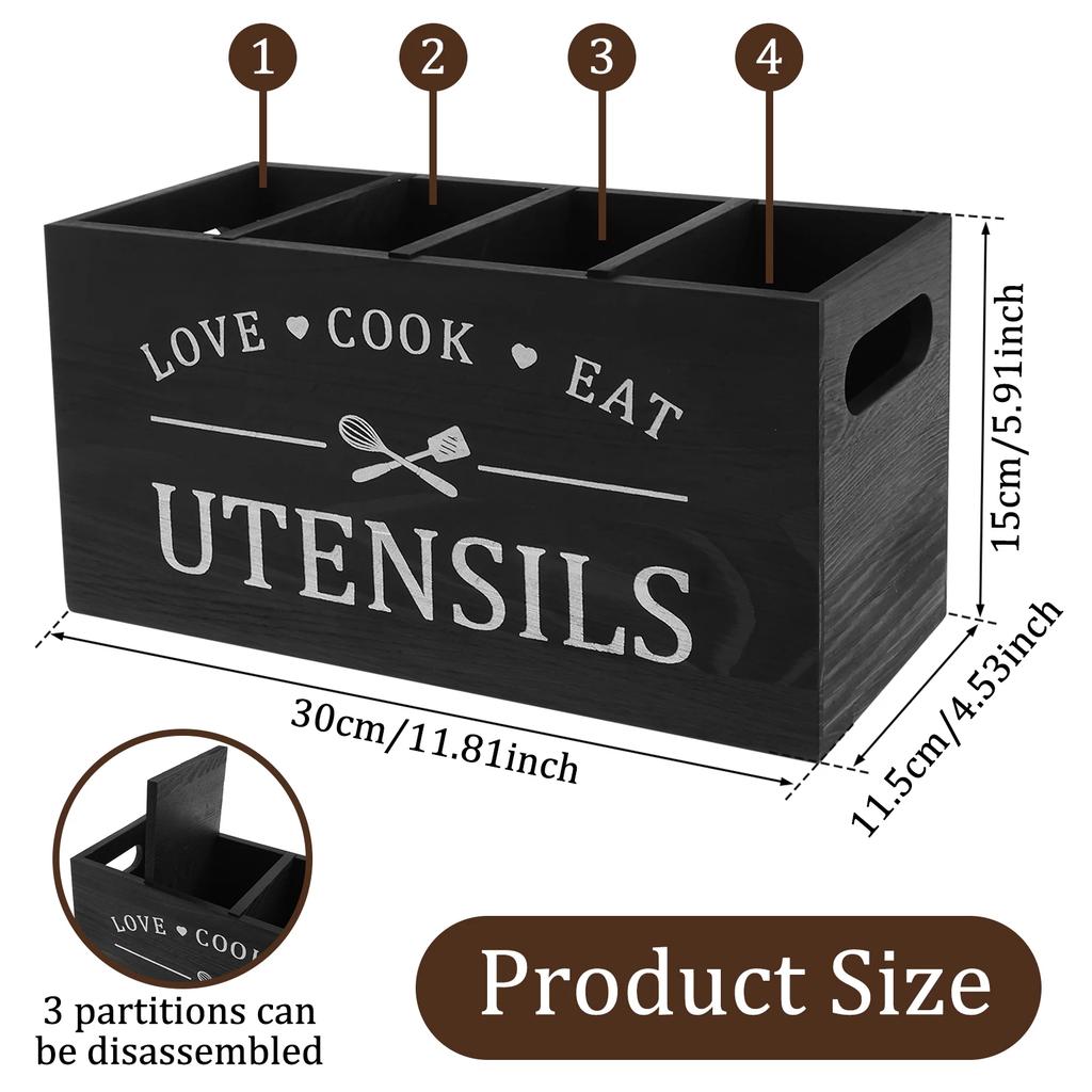 Wood Kitchen Utensil Holder Spoon Fork Tableware Storage Rack Container Kitchen Cooking Utensil Organizer with 4 Compartment New