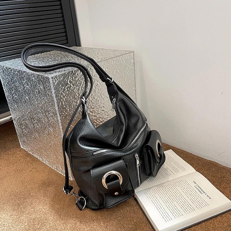 Zippered Monochromatic Crossbody Bag  Versatile Shoulder Bag  Soft Travel Bag  Motorcycle Style  PU Bag  New Product