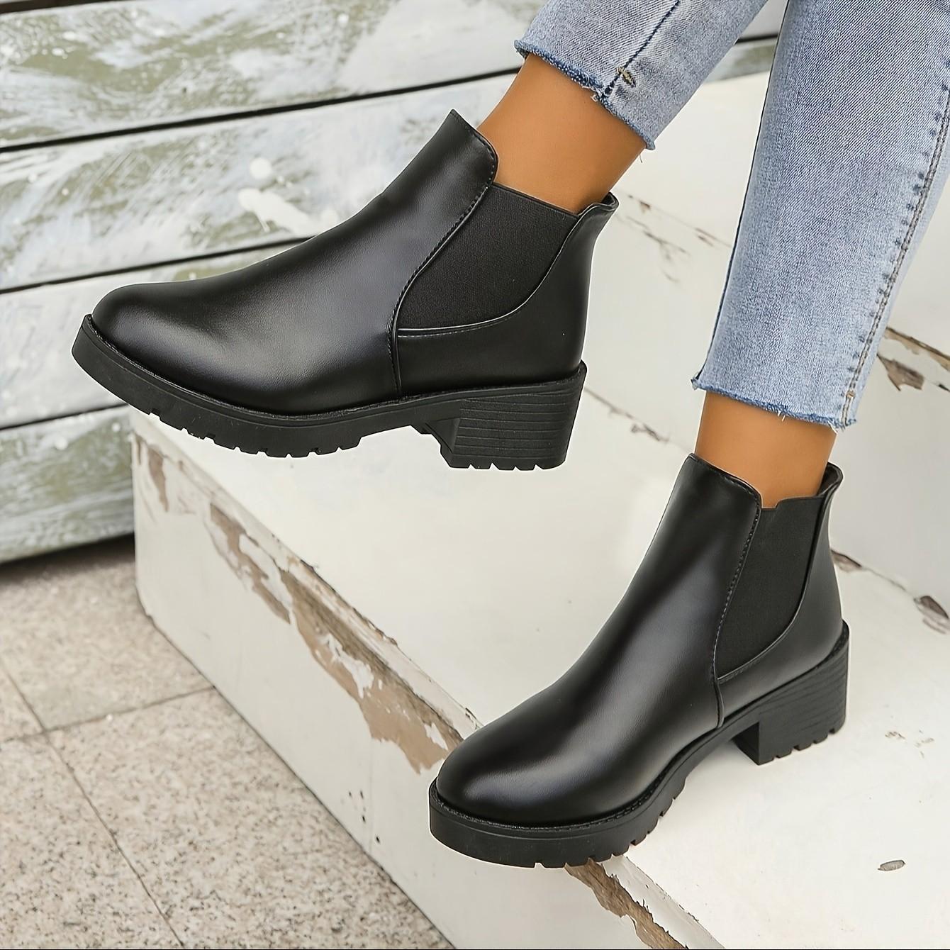 Women Boots Chunky Heel Platform British Style Thick Sole Med Heels Casual Chelsea Boots for Autumn and Winter Casual Footwear 36
