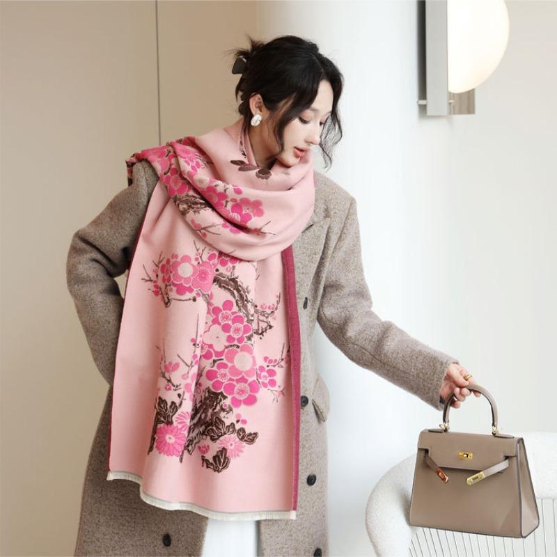 Winter thick shawl with women's plum blossom imitation cashmere double-sided jacquard scarf, fringed thickened warm scarf