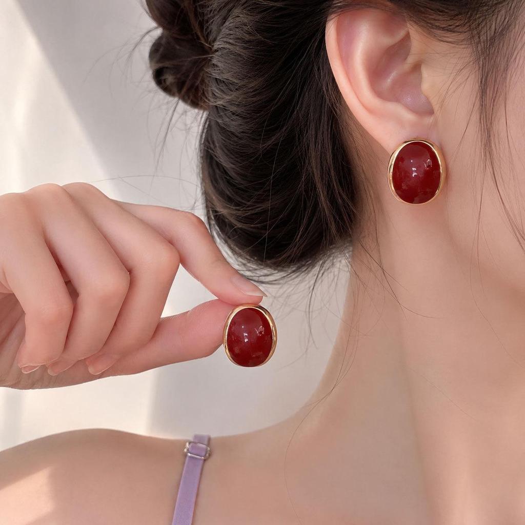 Gold-Plated Red & White Soy Milk Drop Earrings - French Retro Minimalist Oval Design for Women.