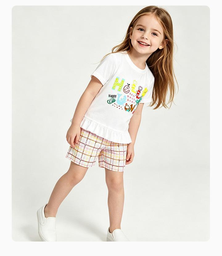 Girls' Summer Plaid Shorts Set - European & American Style with Cartoon Print, Short-Sleeve Two-Piece