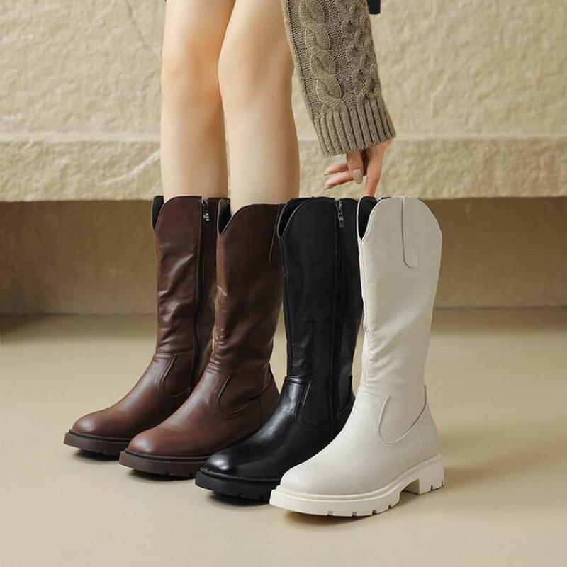 Autumn and Winter Round Head Medium Heel Large Size Fashion Boots Women's Square Heel Solid Color Side Zipper Thick Bottom Non-slip New Round H