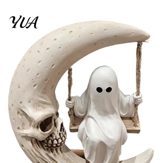 Holiday Souvenir Halloween Ghost Swing Figurine, Spooky On A Moon Statue, Unique Ornament Resin Gothic Home Decoration for Desktop, Mantel, Fireplace,