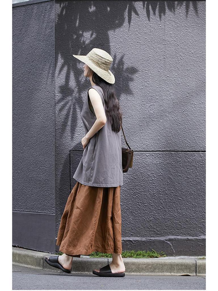 Women's Retro Cotton-Linen Elastic Waist Pleated Skirt - Summer 2023