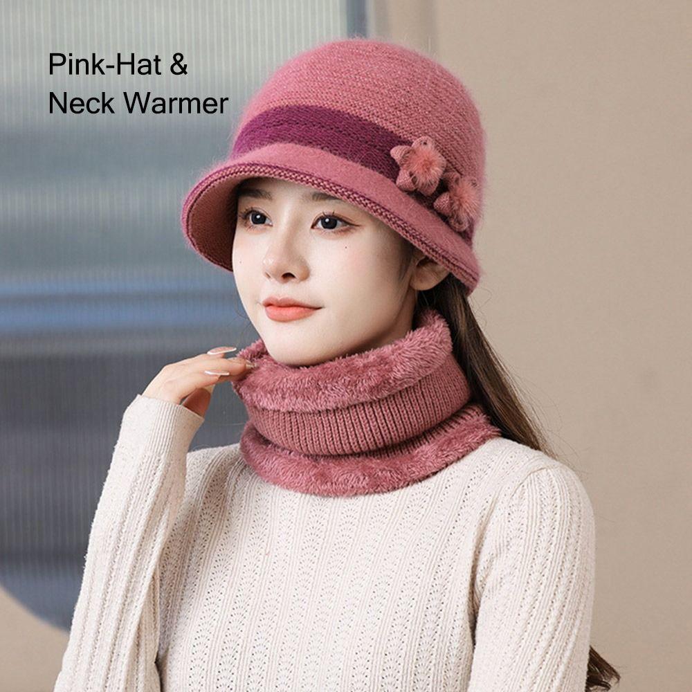 Outdoor Elderly Middle Aged Winter Beanie Hat Scarf Fleece Lining Warm Knit Bucket Hat Windproof Hat Scarf Set for Women