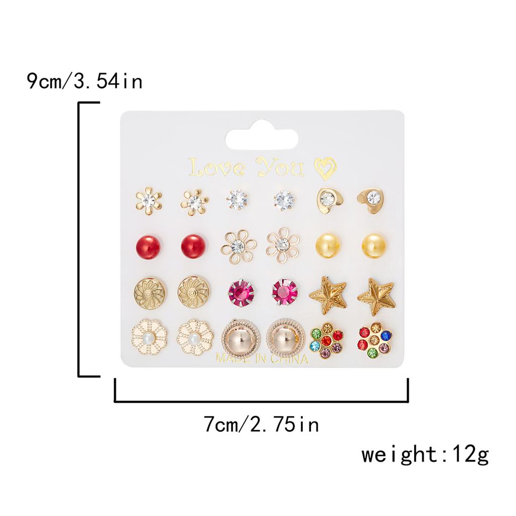 12Pairs/Set Fashion Geometric Stud Earrings Set For Women Love Heart Bowknot Rose Flower Star Moon Pearl Earrings Party Jewelry