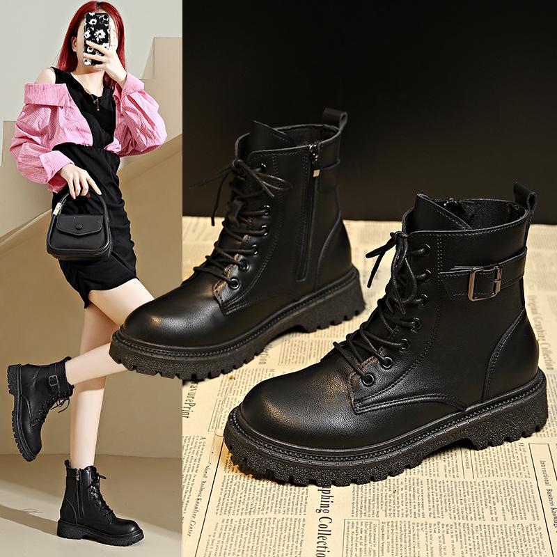 Women's 2025 Round Toe Lace-up Martin Boots with Side Zipper and Thick Sole - British Style Fashionable Short Boots