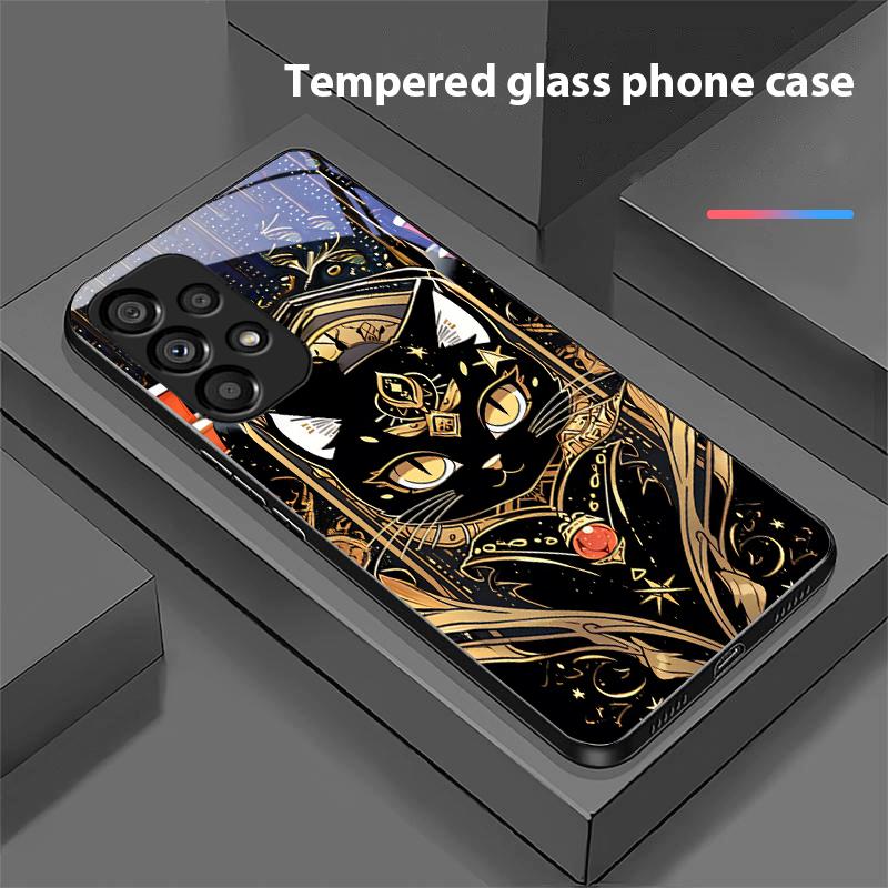 Schwarze Goldkatze für Samsung Galaxy S10 S20 Plus S21 FE S22 S23 S24 FE S25 Ultra Schwarz Gehärtetes Glas Handyhülle Hartschale