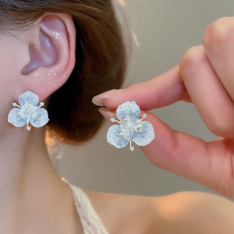 Korean Fashion Blue Butterfly Flower Earrings for Women Exquisite Elegant Pearl Stud Earring Wedding Party Luxury Jewelry Gift