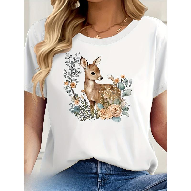 European sizes Women'S Short Sleeve T-Shirt with Deer & Floral Print - Casual Round Neck Tee, Lightweight & Breathable for Spring/Summer