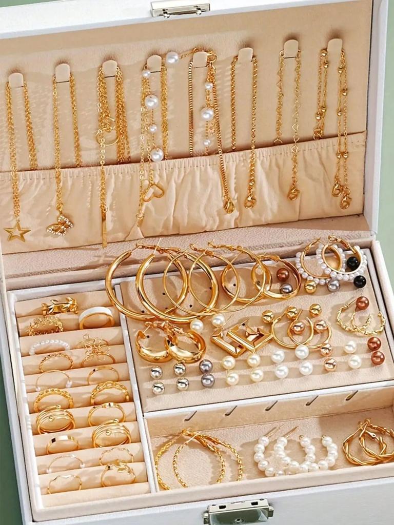 86pcs/Set Elegant Pearl Earrings Multi-Layered Necklace Ear Studs Rings 4-In-1 Jewelry Set For Women Daily Wear Gift (No Box)