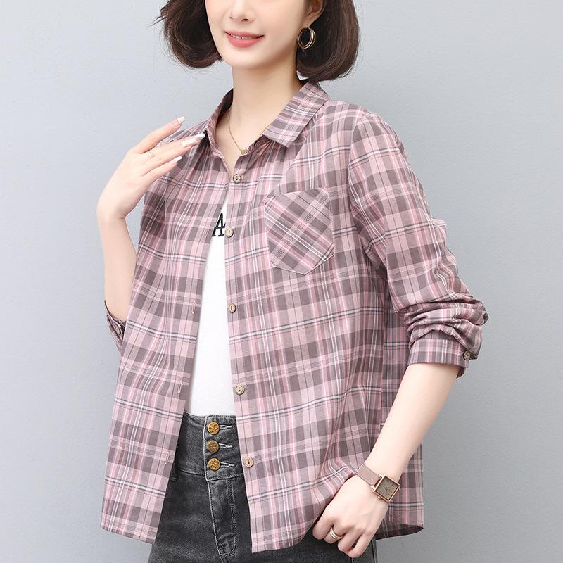 2024 Women's Summer Plaid Long-Sleeve Pure Cotton Loose Shirt - Versatile & Fashionable Top