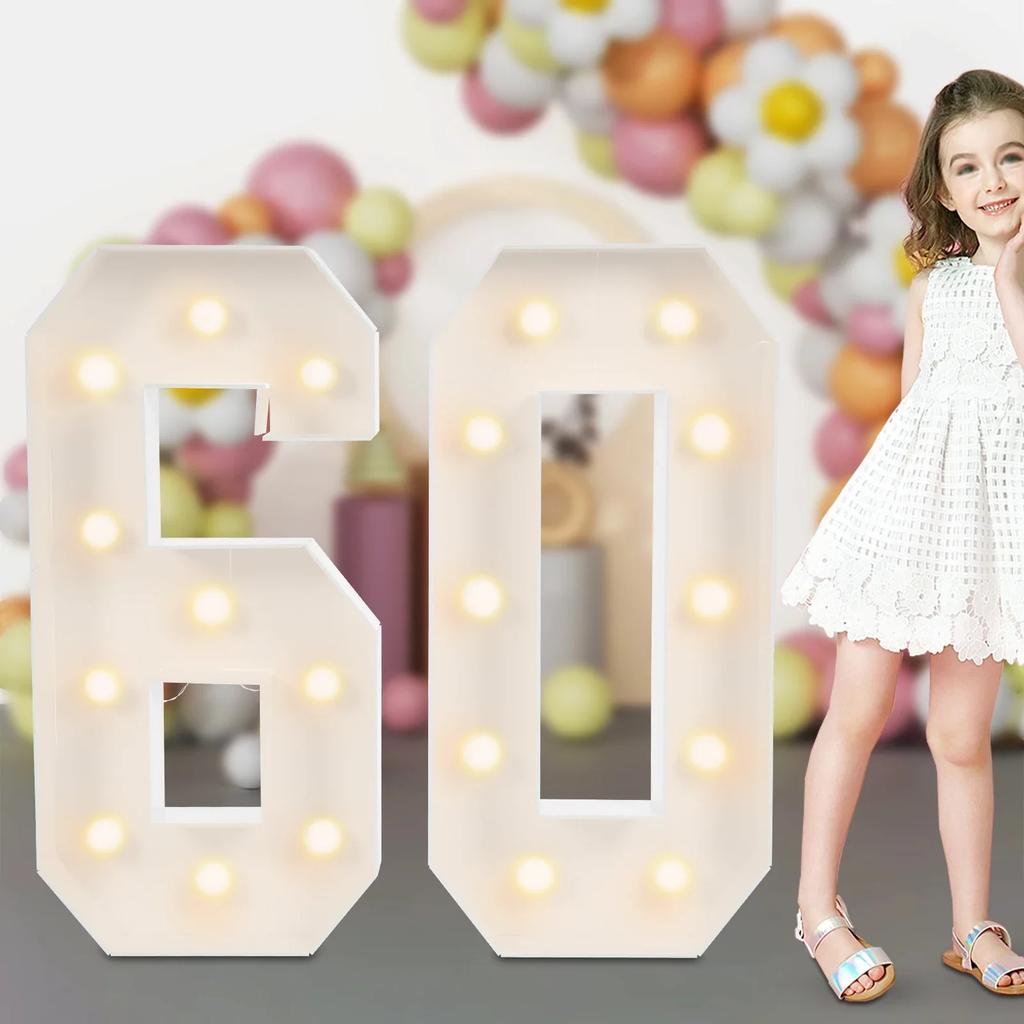 Double-sided Light-up Number 60 LED Strip with Battery Box, LED Bulbs, 60th Birthday Party Decoration Lights, KT Board, White