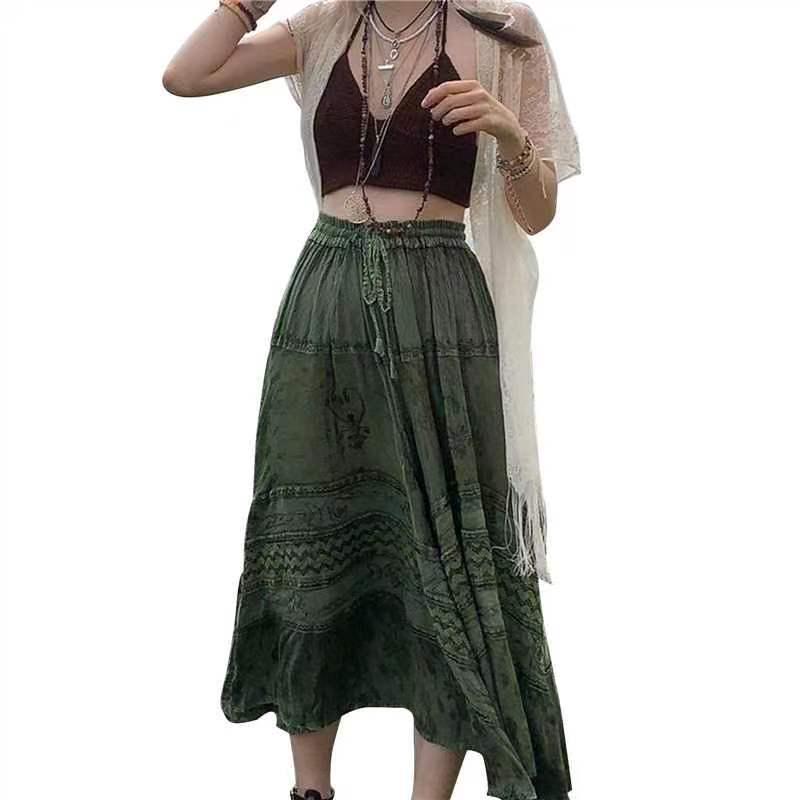 

European-American Spring/Summer New Fashion Women s Mulberry Silk Print Pleated Midi Skirt Small темно-зелений колір