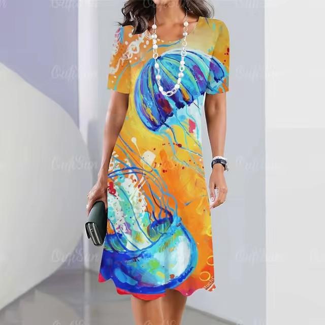 Elegantes Damen-Mode-Midikleid mit kurzen Ärmeln und 3D-Druck, Übergröße, Strandbekleidung