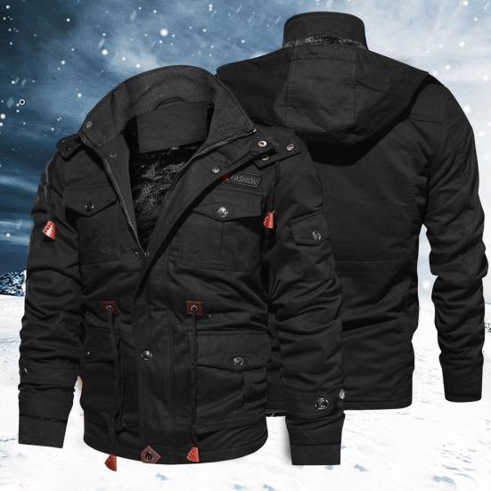Winterjas voor heren Pluche voering Meerdere zakken Opstaande kraag Winddichte hoodie met rits voor buiten
