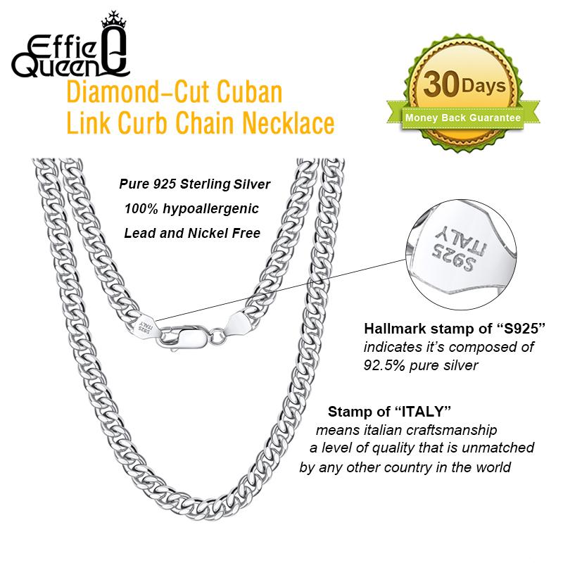 Effie Queen Soild 925 Sterling Silver 3.6/5/7MMmm Diamond-cut Curb Cuban Link Chain Choker Necklace Simple Jewelry Unisex SC36