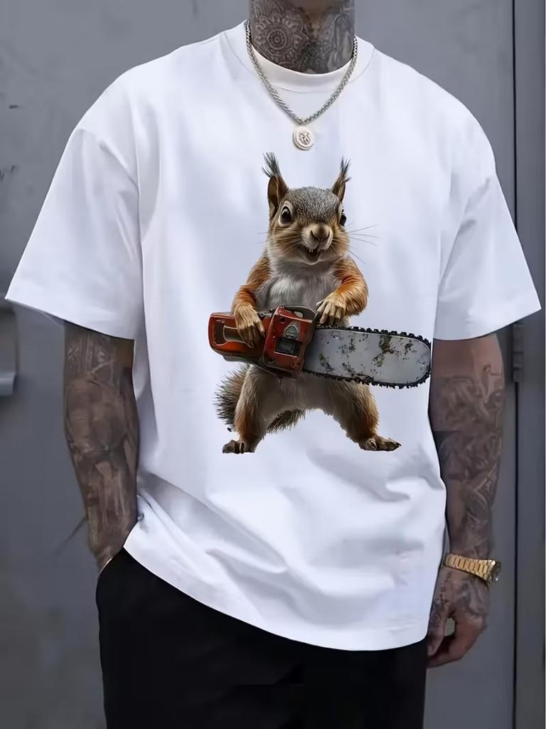 European Size Men's Squirrel Print T-Shirt Compatible for Concerts, Gym & Casual Wear - Breathable Short Sleeve Round Neck Shirt with Bold Squirrel