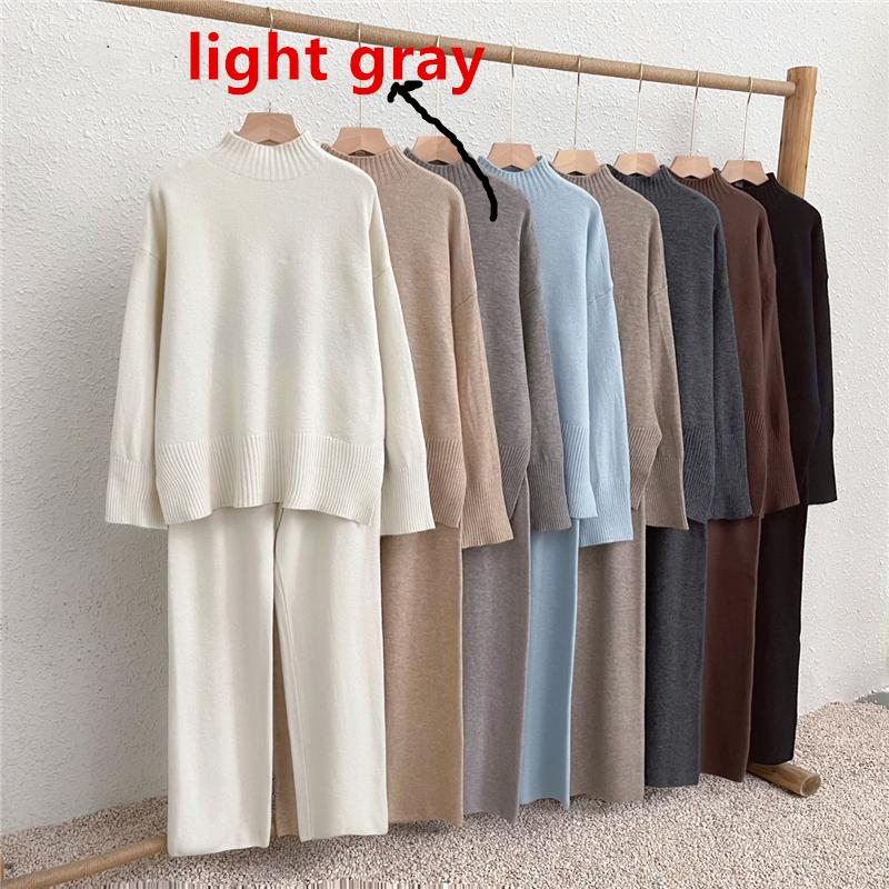 Autumn Winter Split Women's Sweater Sets Solid Color Knitted Sweaters Casual Pants Two-piece Sets