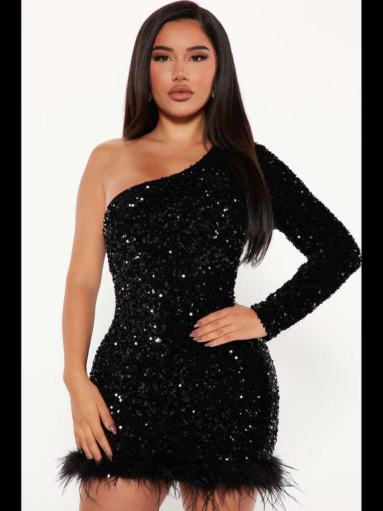 European & American Autumn/Winter Sequin Feather Dress with One-Shoulder Long Sleeve