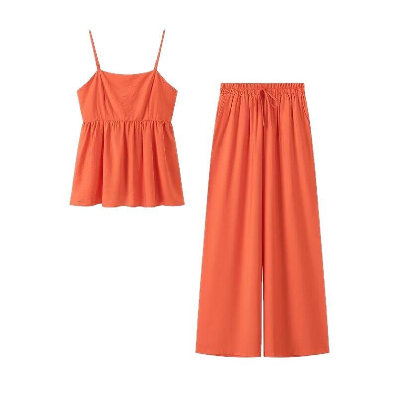 2025 Summer Women's European & American Style Solid Color Camisole Top + Long Pants Set