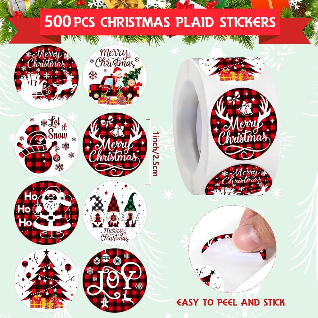 500 Stück Rollenaufkleber Lustiges Frohe Weihnachten Etikettenrolle Runde Weihnachtsaufkleber Weihnachtsmann LKW Schneemann Rentier Karo Umschlagaufkleber
