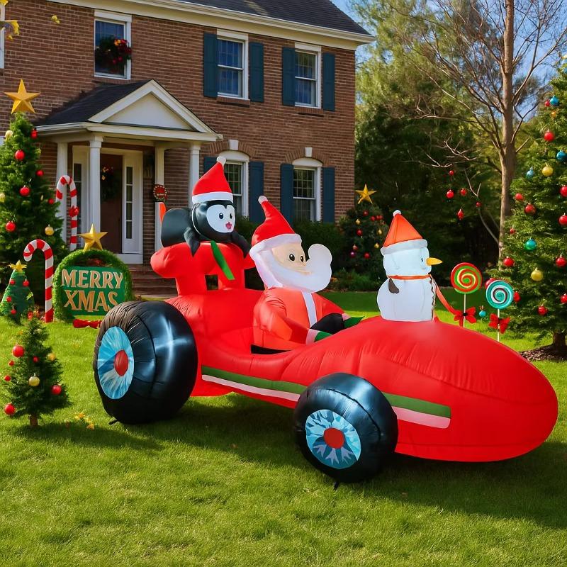 7.8FT/2.4M Inflatable Santa Claus Racing Car with Penguin and Snowman, Glowing Christmas Outdoor Yard Decor