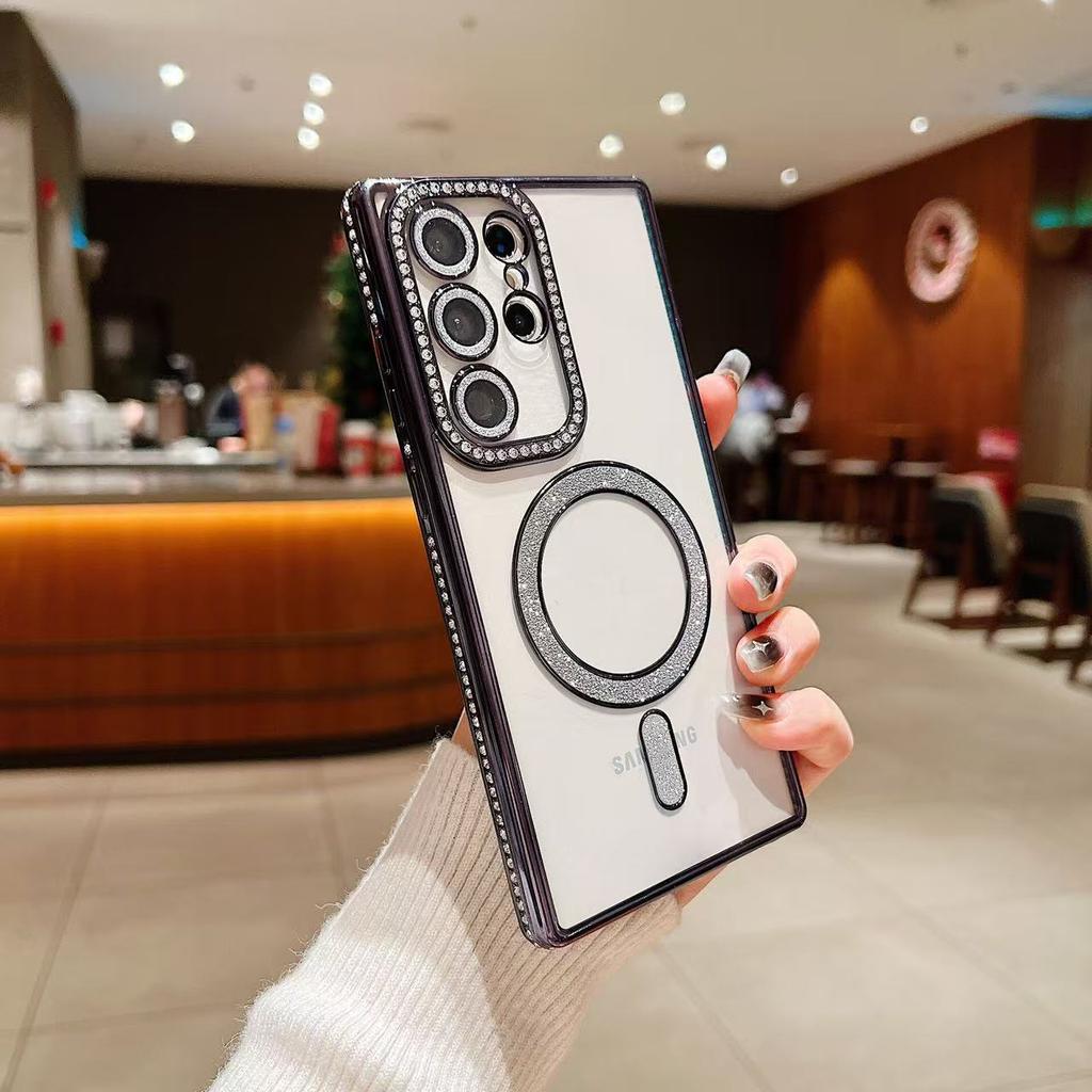 Suitable for Samsung S24Uitra Transparent Magnetic Suction Mobile Phone Case Electroplated TPU Rhinestone S25PLUS Full Inclusive Soft Protection Case
