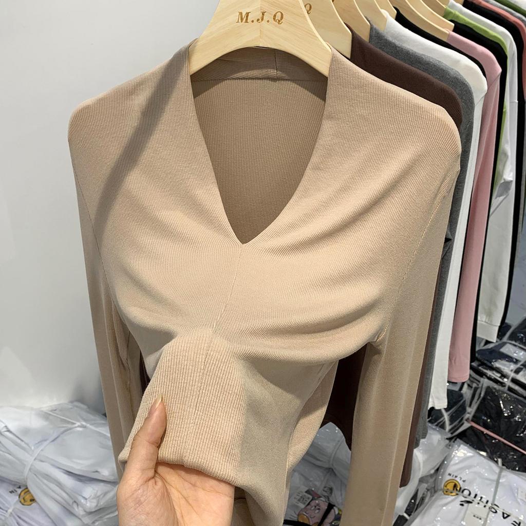 Temperament V-neck Long-sleeved T-shirt Women's Spring New Style High-end Pure Desire Sexy Slim Velvet Slim Bottoming Shirt
