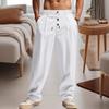 Spring and Autumn Breathable Loose-fitting Sports Casual Straight-leg Linen Pants with Button Decoration and Drawstring for Men