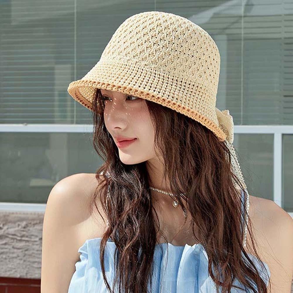 Temperament Knitted Bucket Hat Hollow Out French Style Sunshade Basin Cap Breathable Solid Color Bow Fisherman Hat Outdoor