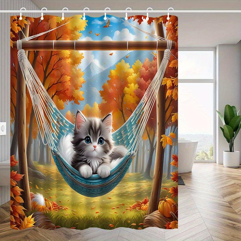 Cute Kitten Shower Curtain Autumn Forest Hammock Scene Fall Leaves Decor Nature Art Waterproof Fabric Bath Curtain Set Home