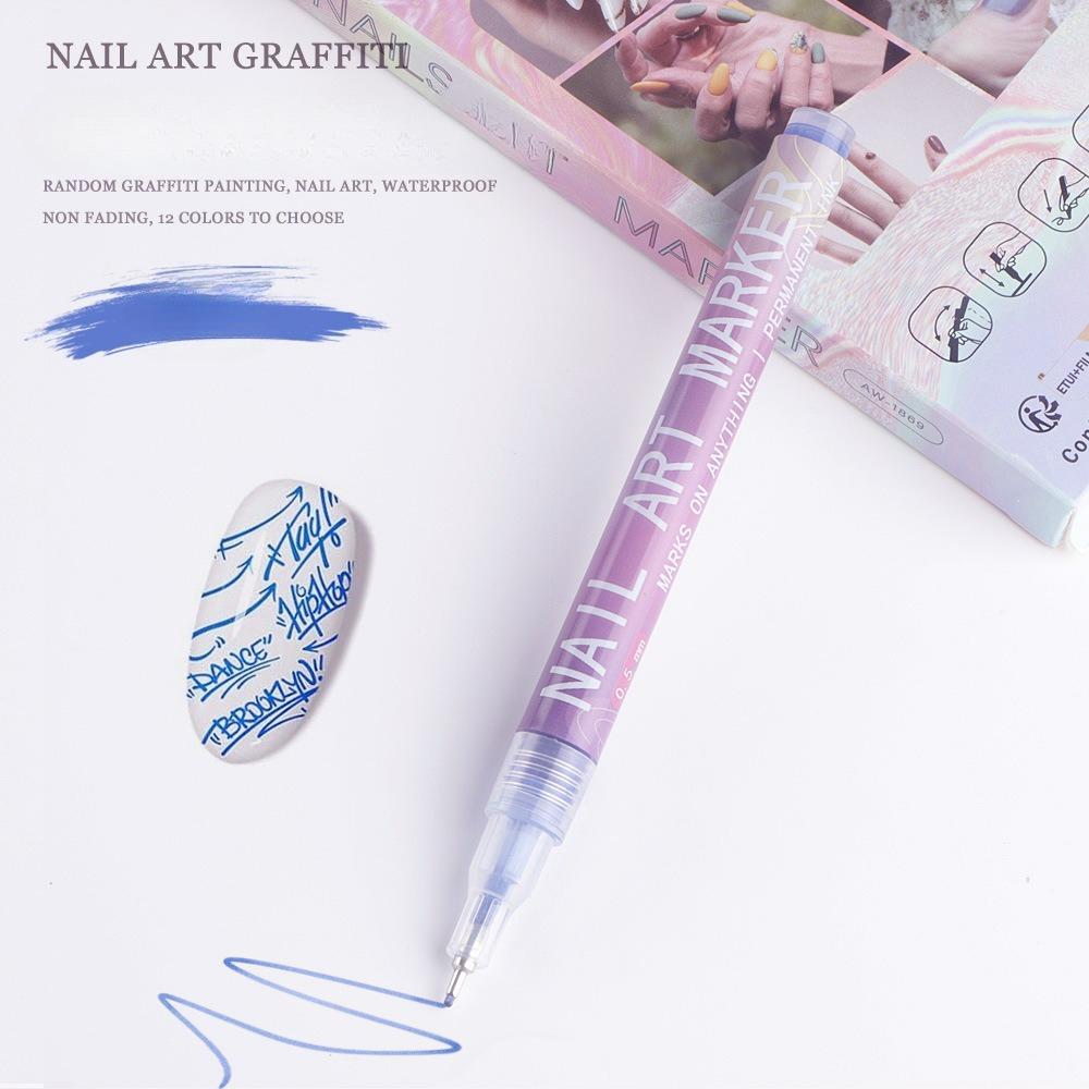 Doodle Pero na nehty 12 barevné Akrylové Barvicí Pero, Barva na Nehty DIY Tečkovací Šicí Pero, Přesné 3D Doodle Pero na Nehty, Sada Pero na Nehty Art, Rychleschnoucí