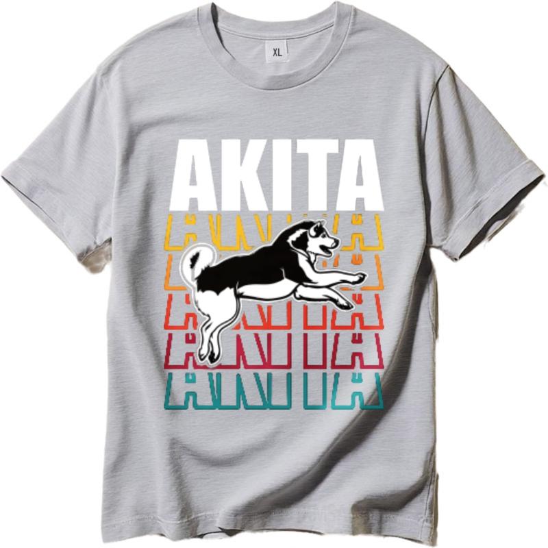 Unisex Tshirt Breathable For Men Crew Neck Tshirt Black Akita Dog Graphic With Colorful Text Layers Hiphop For Man Top Tees