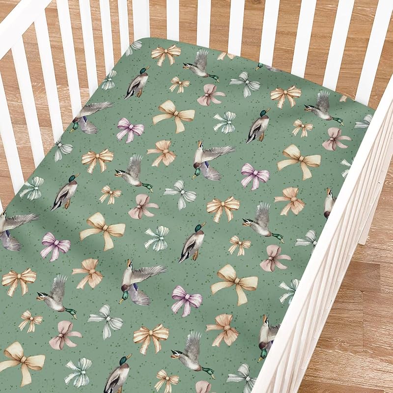 Mallard Ducks Bows Fitted Baby Crib Sheet for Boys Girls 52 x28  Hunting Ducks Soft Crib Mattress Covers Wild Ducks Baby Sheets for Standard Crib and One size