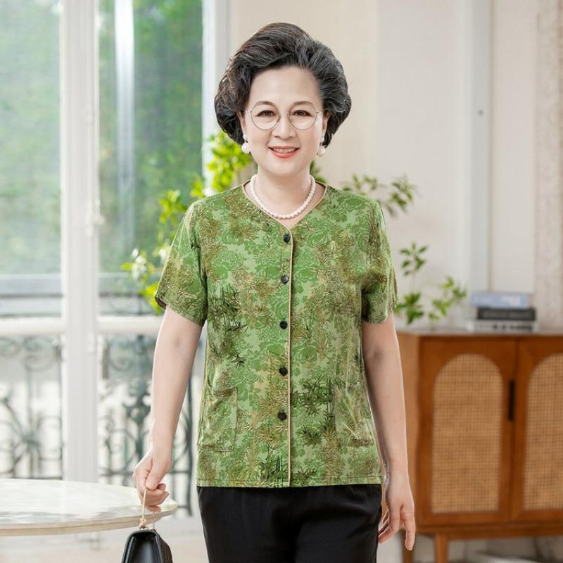 Women's Summer Floral Print Blouses for Elderly Short Sleeve Button-Down Casual Tops