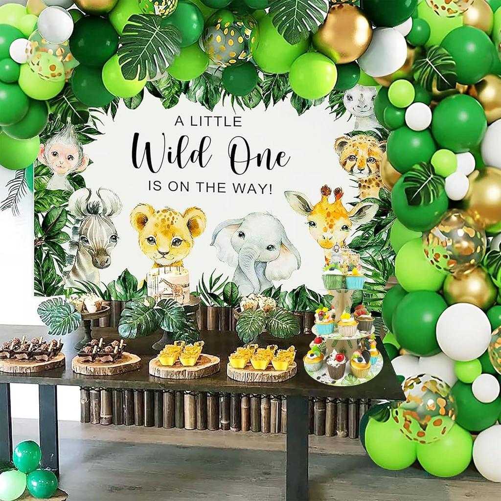 3-Tier Cupcake Stand with 24 Wild One Cupcake Toppers for Safari Baby Shower Decoration