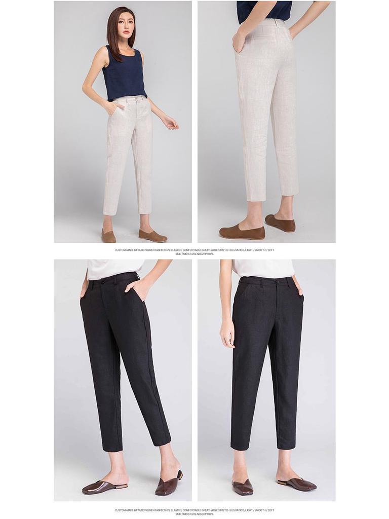 Women's High-Waist Cotton Linen Cigarette Pants - Summer 2025, Petite Eight-Point Casual, Straight Leg