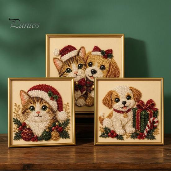 Winterwunderland Kreativaktivitäten Weihnachten Kunst-Kit mit künstlichen Perlen, Xmas Hut Katze Hund Malerei DIY Themenprojekte 3D Welpen Perlen Bastel-Kit für Erwachsene,