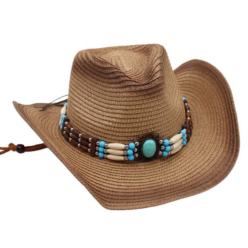 Gem Western Cowboy Straw Hat Seaside Sunscreen Sun Hat Ethnic Breathable Hand Woven Beach Hat